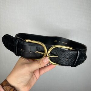 ZARA Black Croc Embossed Double Buckle Gold Statement Belt Women Size 80
